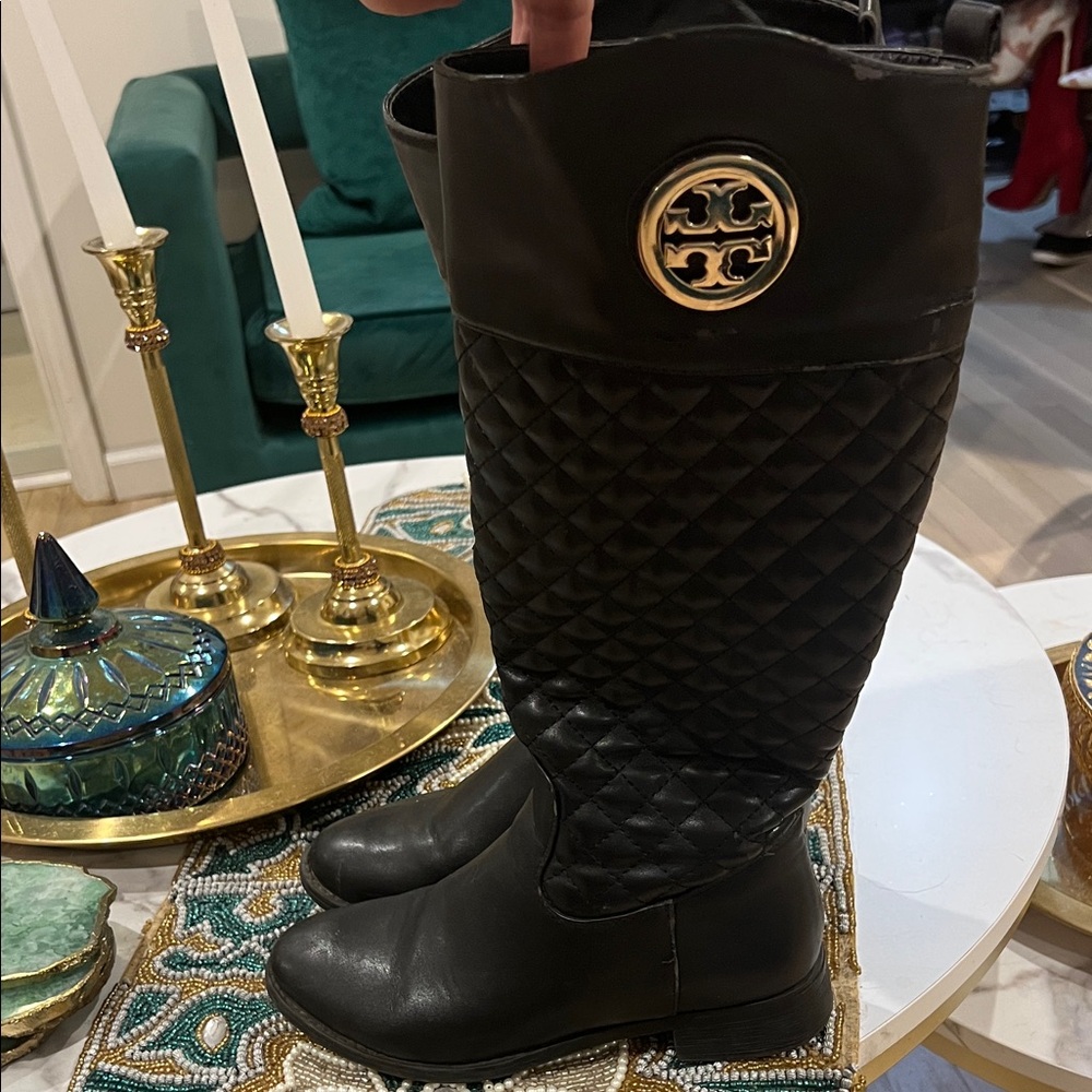 Tory Burch Black Quilted Boots with Gold Logo